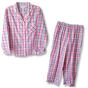 Women Preppy Pink Blue Plaid Cotton Classic Pajamas PL Spring Summer Retro NEW